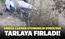 Direğe Çarpan Otomobilin Sürücüsü Tarlaya Fırladı!