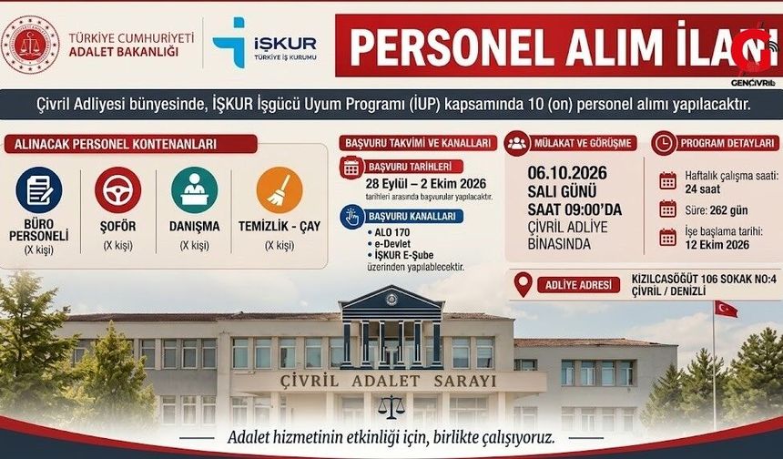 Çivril Adliyesine İşkur Kapsamında 10 Personel Alınacak